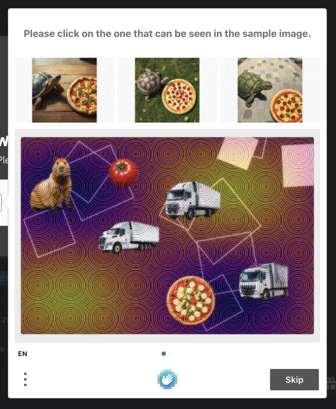 the sample is a turtle at a pizza party. find it among the trucks